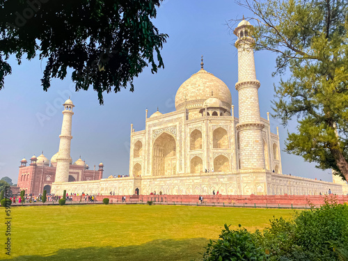 Agra, Uttar Pradesh, India - 12.15.2022: Taj Mahal, Agra, India. Tourists visiting a popular tourist attraction.