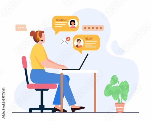 Call center agent in headphones with microphone at computer desk, talking to customers concept of  customer support help service.