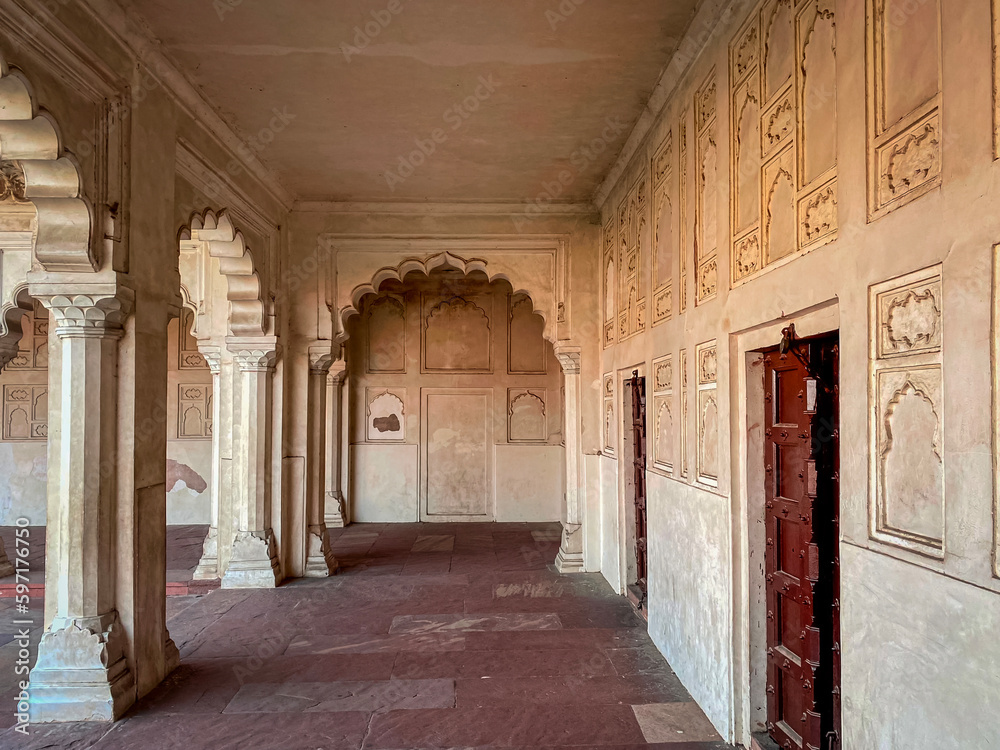 Fototapeta premium The famous red fort in the city of Agra, India. Tourists visit a popular tourist attraction.