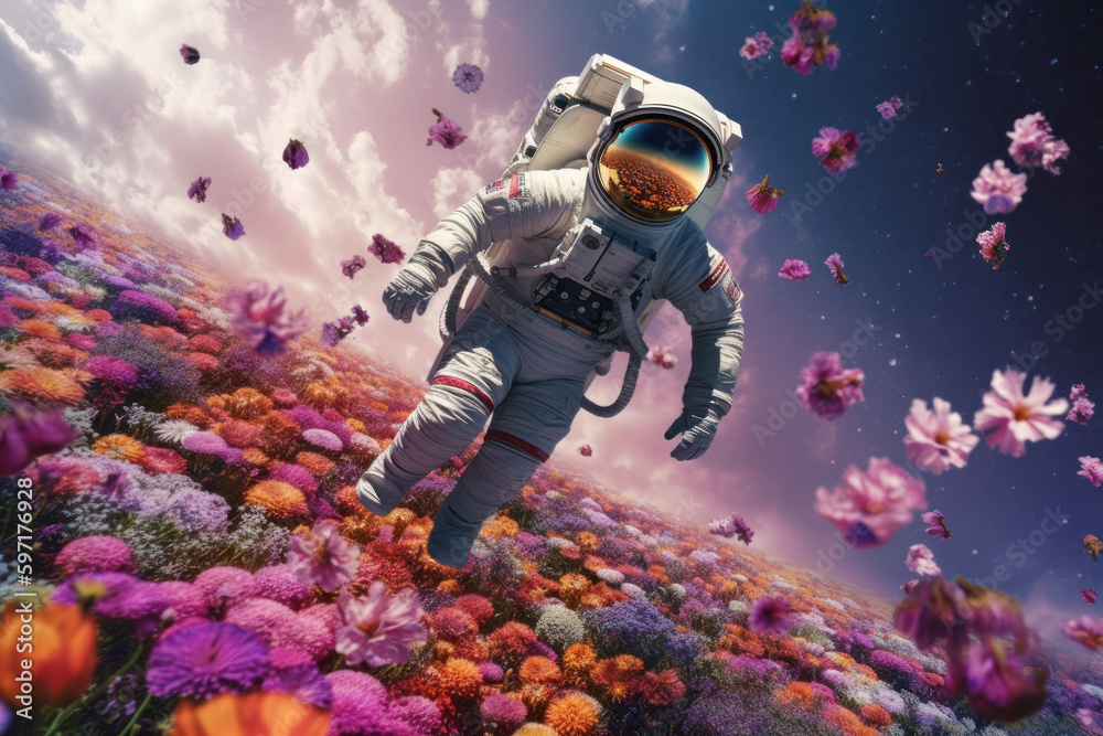 A spaceman flying in a cloud of flowers, created with Generative AI technology