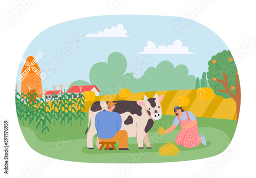Fototapeta Naklejka Na Ścianę i Meble -  Harvest season. Farmers on plantation collecting corn