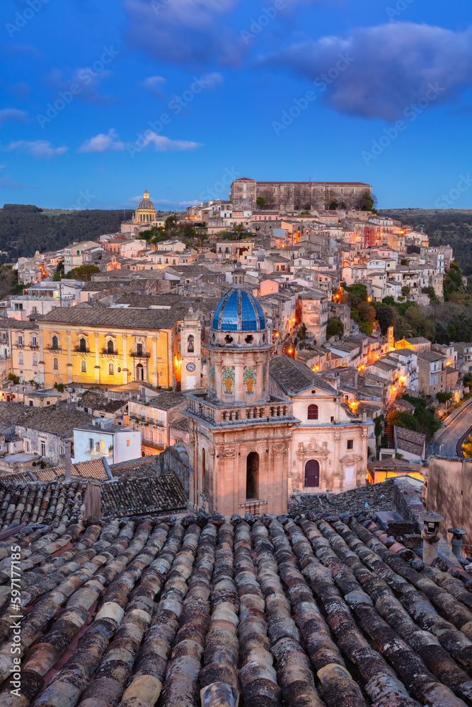 Ragusa Ibla, Sicily, Italy. Cityscape image of historical town Ragusa Isla, Sicily at sunset.