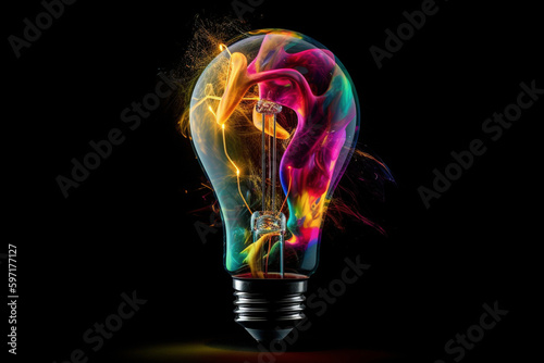 創造的アイデア思考を視覚化したブレーンストーミング-カラフル3D電球ランプ