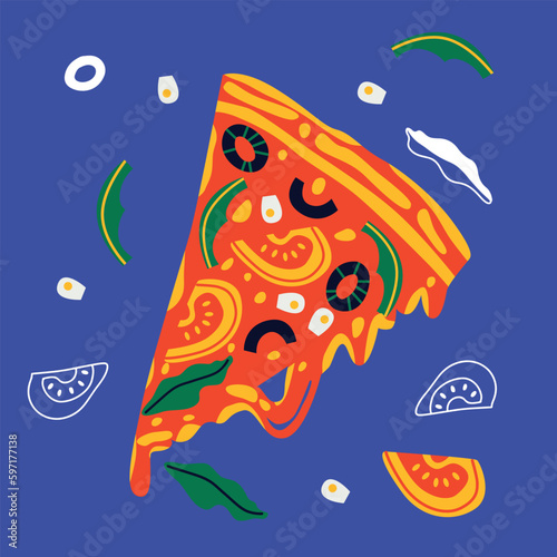 Pizza abstract vector illustration. Pizza cartoon flat banner. Pepper, tomato, cooking ingredients. Fast food abstract illustration.	
