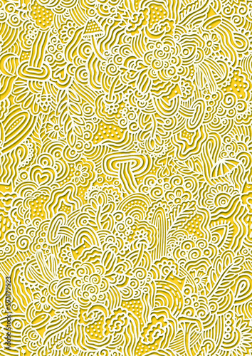 Seamless doodle pattern in papercut style. Cute cat illustration on yellow background. (ID: 597177523)