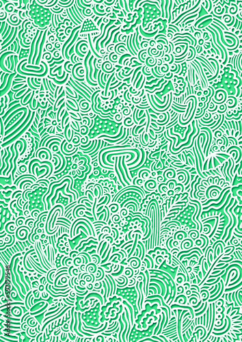 Seamless doodle pattern in papercut style. Cute cat illustration on green background. (ID: 597177546)