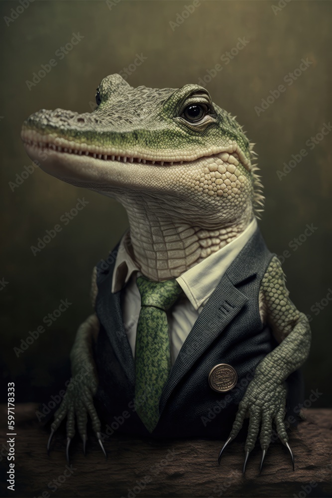 Portrait of baby crocodile in a business suit. Generative AI