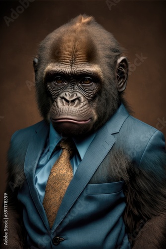 Portrait of baby gorilla in a business suit. Generative AI