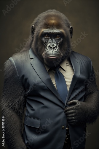 Portrait of baby gorilla in a business suit. Generative AI