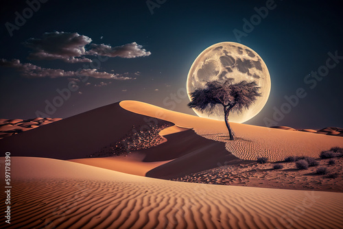 Ethereal Landscape  Capturing the Mystical Magic of the Sahara Desert under the Full Moon  ai generative