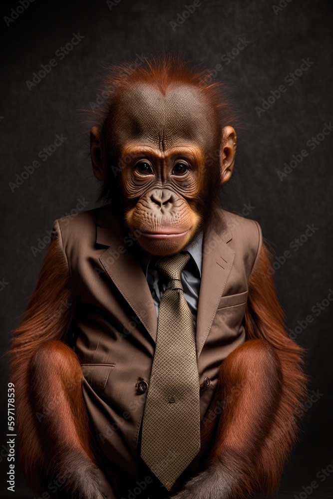 Portrait of baby orangutan in a business suit. Generative AI