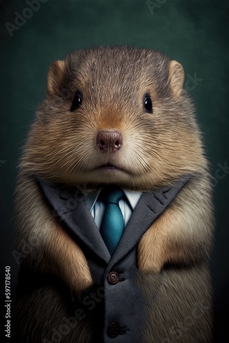 Portrait of baby muskrat in a business suit. Generative AI photo