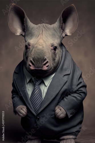 Portrait of baby rhinoceros in a business suit. Generative AI