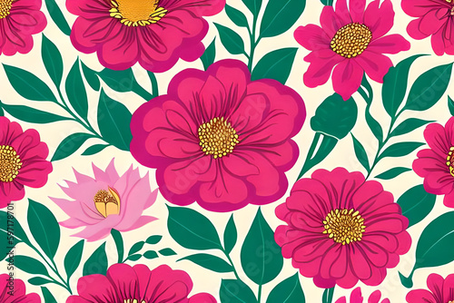 A repeating pattern of different flowers and plants