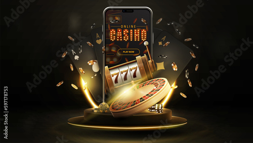 Podium with smartphone, casino slot machine, Casino Roulette , cards and poker chips in dark gold scene.