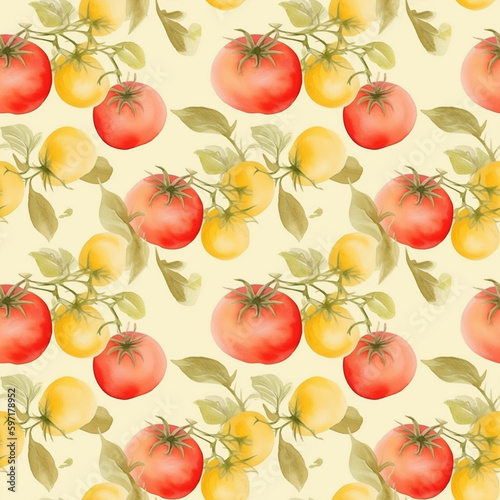 Seamless watercolor vegetable pattern with tomatoes. Generative AI