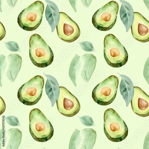 Avocado watercolor seamless pattern print tropical, vegan food illustration. Generative AI