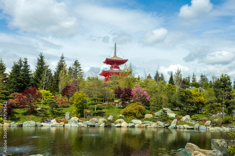 Beautiful view of the Japanese Garden and Tahoto Pagoda in spring. Beautiful view of the Japanese Garden and Tahoto Pagoda in spring.