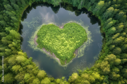 A heart shaped lake in a green forest, created with Generative AI technology