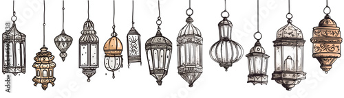 Hand Drawn Sketch of Traditional Lanterns Decoration Hanging on Celing Antique in Set of Vector