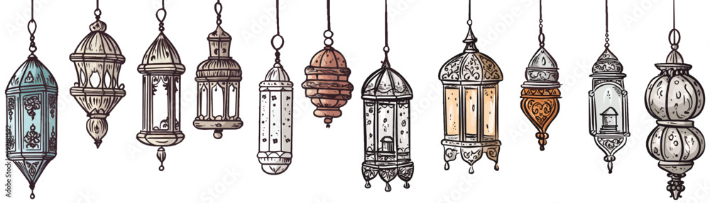 Hand Drawn Sketch of Traditional Lanterns Decoration Hanging on Celing Antique in Set of Vector Hand Drawn Sketch of Traditional Lanterns Decoration Hanging on Celing Antique in Set of Vector
