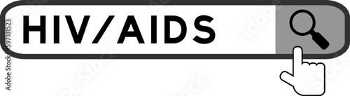 Search banner in word HIV/AIDS with hand over magnifier icon on white background