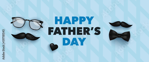 Happy Father's Day banner with glasses, moustache, bow tie and black heart at blue background. Vector for for banner, poster, sale, promo, discount, website social media, flyer, brochure, event, ads