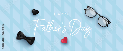 Father's Day banner with glasses, bot tie, hearts and white calligraphic lettering. Vector illustration for background, poster, template, sale, promo, discount, website social media, flyer, brochure