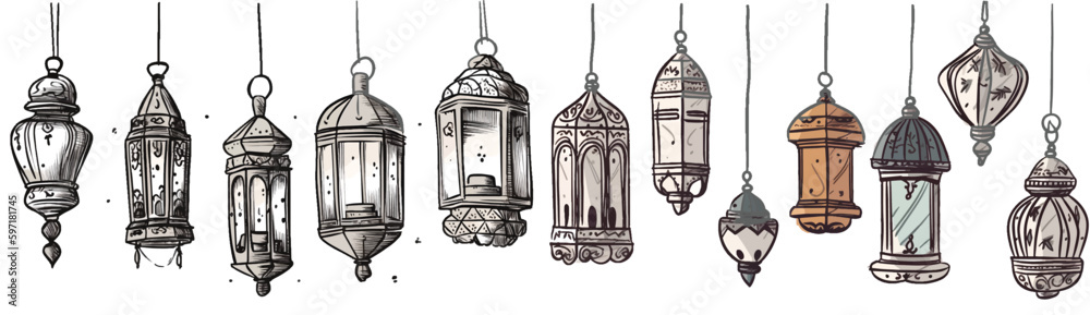 Hand Drawn Sketch of Traditional Lanterns Decoration Hanging on Celing Antique in Set of Vector Hand Drawn Sketch of Traditional Lanterns Decoration Hanging on Celing Antique in Set of Vector