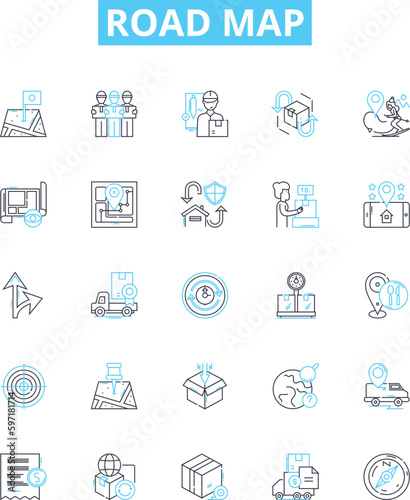 Road map vector line icons set. Route, Map, Path, Trace, Guide, Trajectory, Journey illustration outline concept symbols and signs