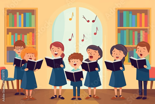 Young students with books harmonize in school chorus. Small children holding textbooks perform onstage. Music, recital. Vector graphic