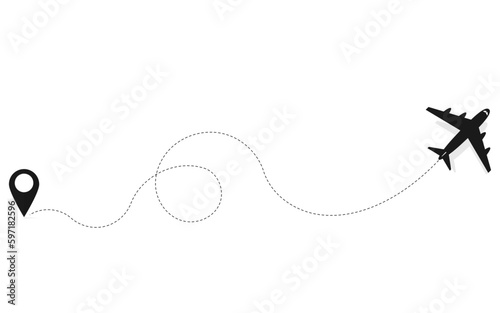 Travel plane and pin location design pattern, route to the destination by airplane. Vector illustration.