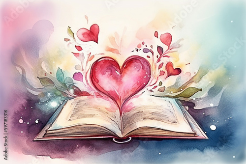 Watercolor illustration of a heart-shaped book with flowers and leaves. Generative AI