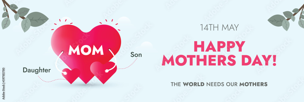 Happy Mothers Day. Happy mothers day 2023 cover or banner with three hearts. Mom with her children's mother day card. Design for fashion ads, poster, flyer, card, website. Red heart family. Awareness 