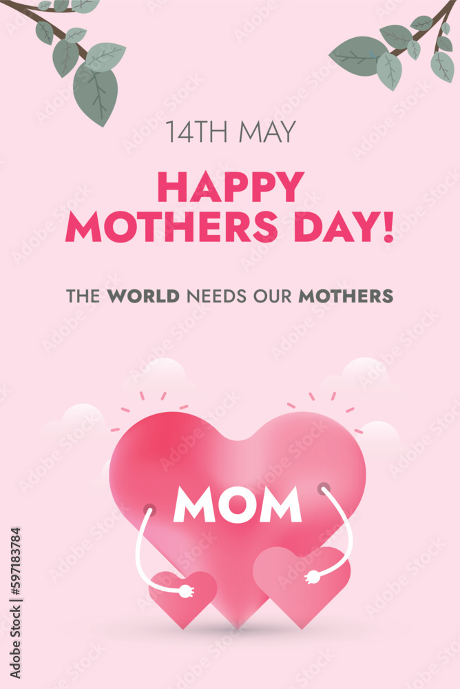 Mothers Day. Happy mothers day 2023 cover or banner with three hearts. 14th May. Mom with her children's mother day card. Design template for social media. Vertical Mothers Wish