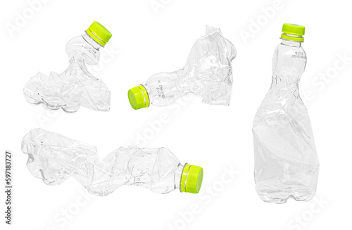 Realistic plastic bottle with shrunken texture, without background