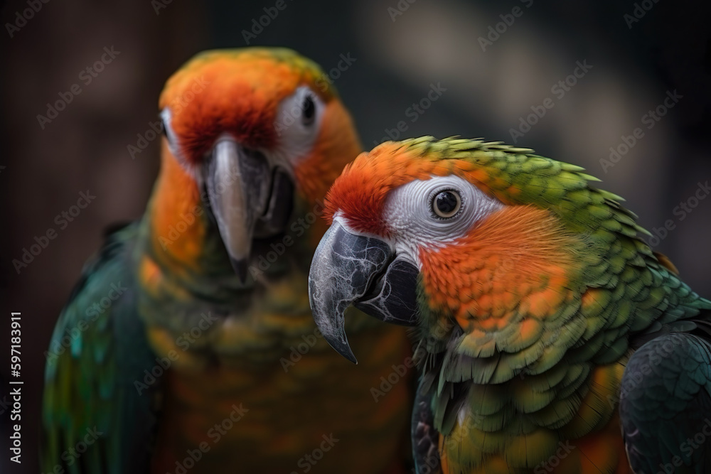 Portrait of two beautiful macaw parrots in the zoo