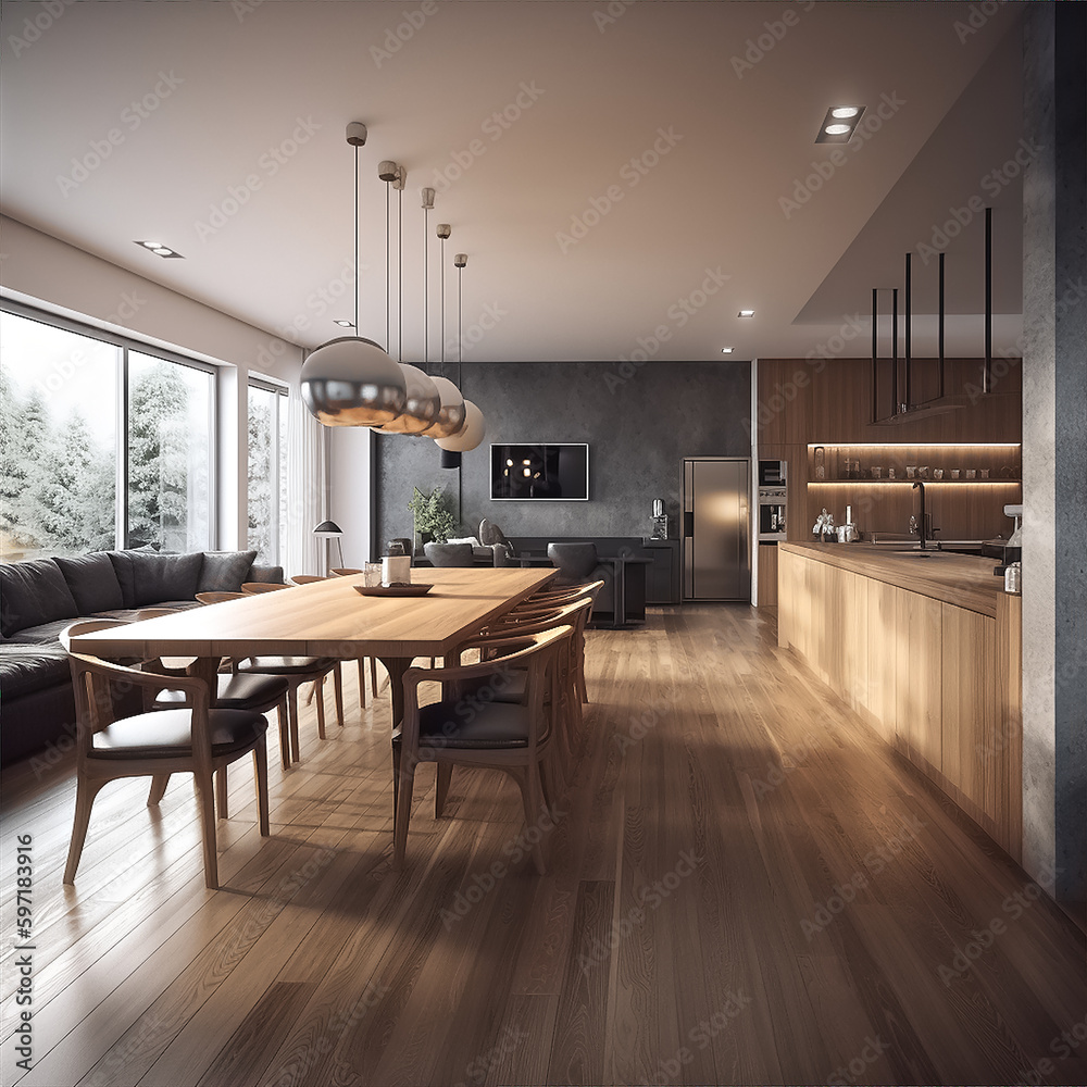Generative ai illustration of dining room and open plan kitchen