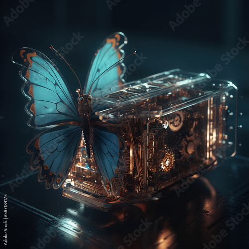 Glowing mechanical butterfly,created with Generative AI tecnology.