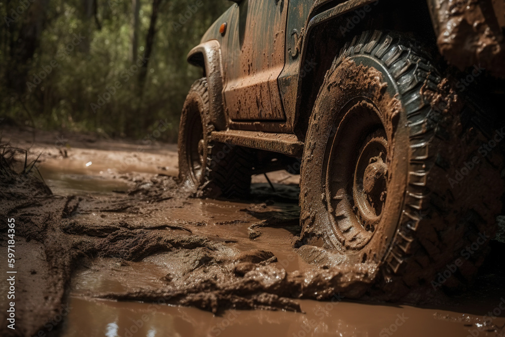 Rueda de un coche todoterreno 4x4 llena de barro mientras el coche va por un camino. AI generative Rueda de un coche todoterreno 4x4 llena de barro mientras el coche va por un camino. AI generative