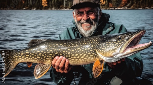 Smiling fisherman and trophy pike