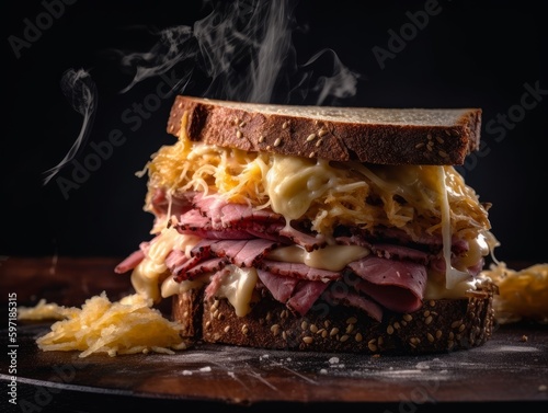 Reuben sandwich with melted cheese, sauerkraut and Russian dressing on rye bread