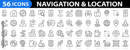 Navigation & location 56 icon set. location, GPS, map, map pin, distance, place, navigation and address icons. Vector illustration. photo