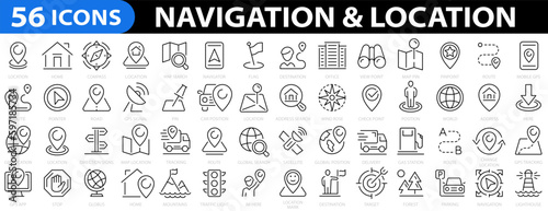 Navigation & location 56 icon set. location, GPS, map, map pin, distance, place, navigation and address icons. Vector illustration.
