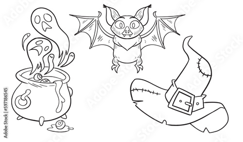 Bat, witch hat and magic potion pot with ghosts for hallowen party. Outlines-contours - design for logo, stickers, icon, illustration for coloring books
