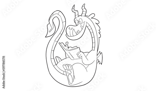 Coloring pages of a dragon reading a book.. Outlines-contours - design for logo, stickers, icon, illustration for coloring books.