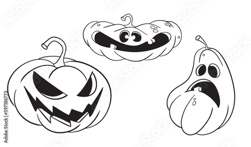 Pumpkin halloween coloring pages. Halloween coloring page with spooky objects, hand drawn cute Halloween coloring sheet. Doodle style. Outline vector illustration for coloring book. Vector sheet icon.
