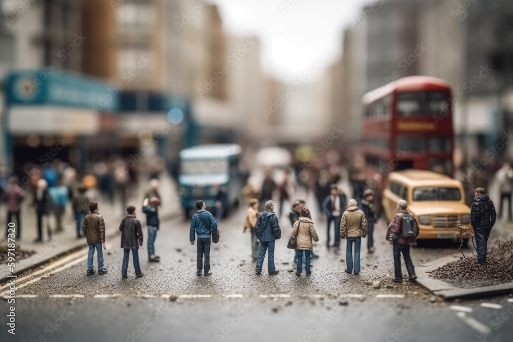 Miniature crowded people figurines walking street during rush hour in urban area, activists protesting during a strike with group of demonstrator, among cars on road, created with Generative AI.