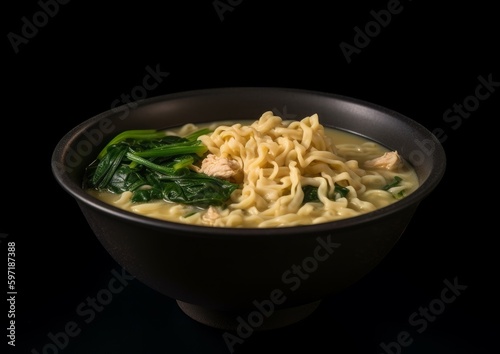 bowl of creamy chicken Ramen with noodles, spinach, and bamboo shoots