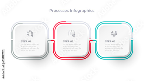 Business Infographic thin line process with square and marketing icons template design with 3 options or steps. Vector illustration.